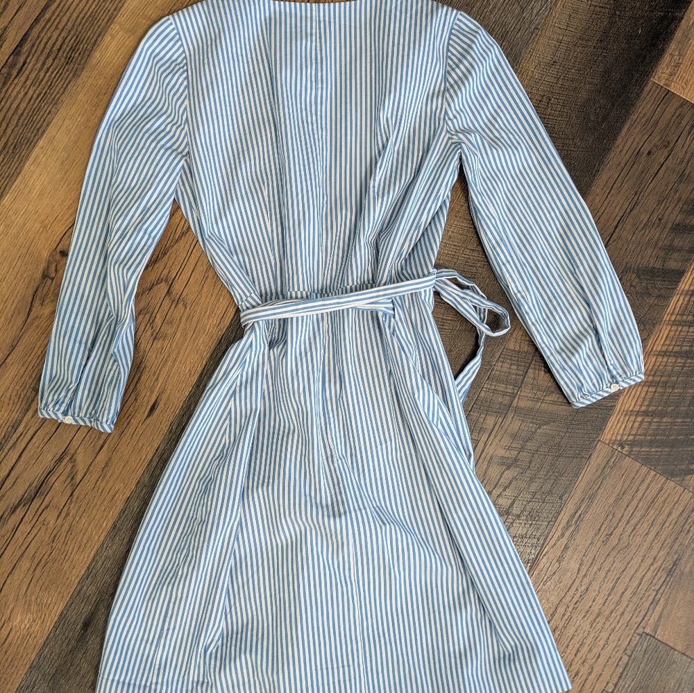 J.Crew Blue White Striped Faux Wrap Dress Cotton Stretch Lined Size 0 K0691 FA18 - Picture 2 of 11